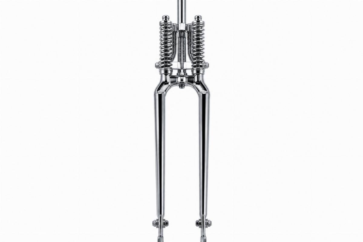 28" narrow spring fork assembly chrome front view