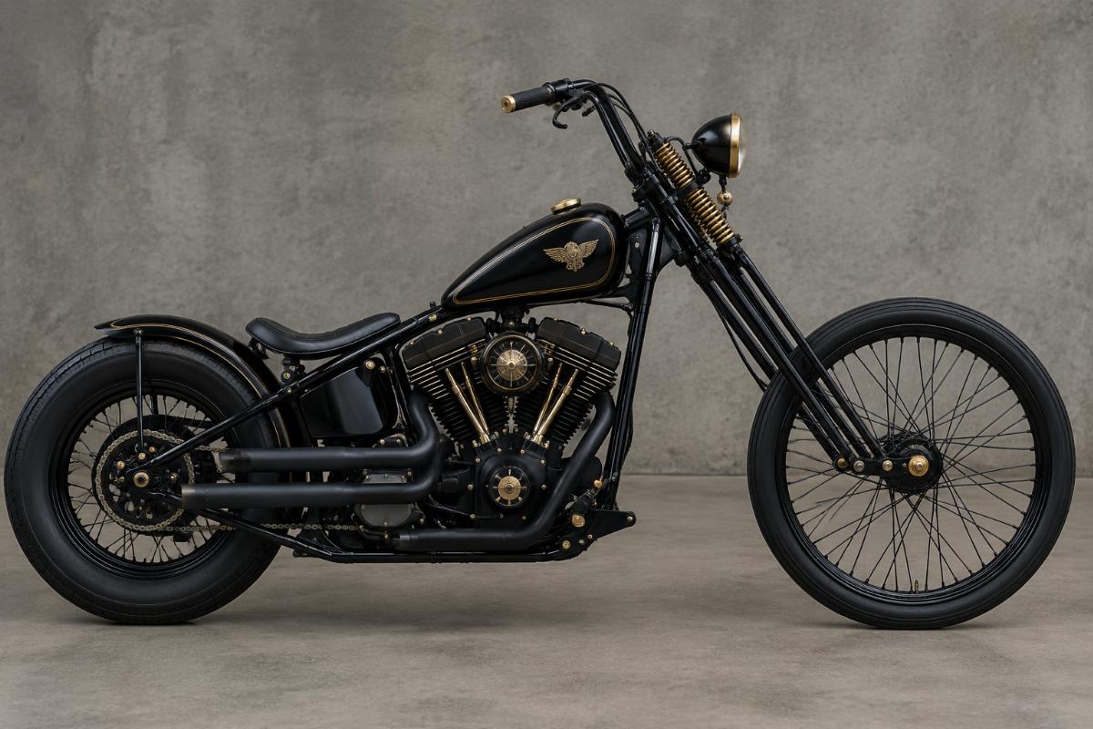 28" springer fork kit motorcycle aftermarket black finish with brass accents side view
