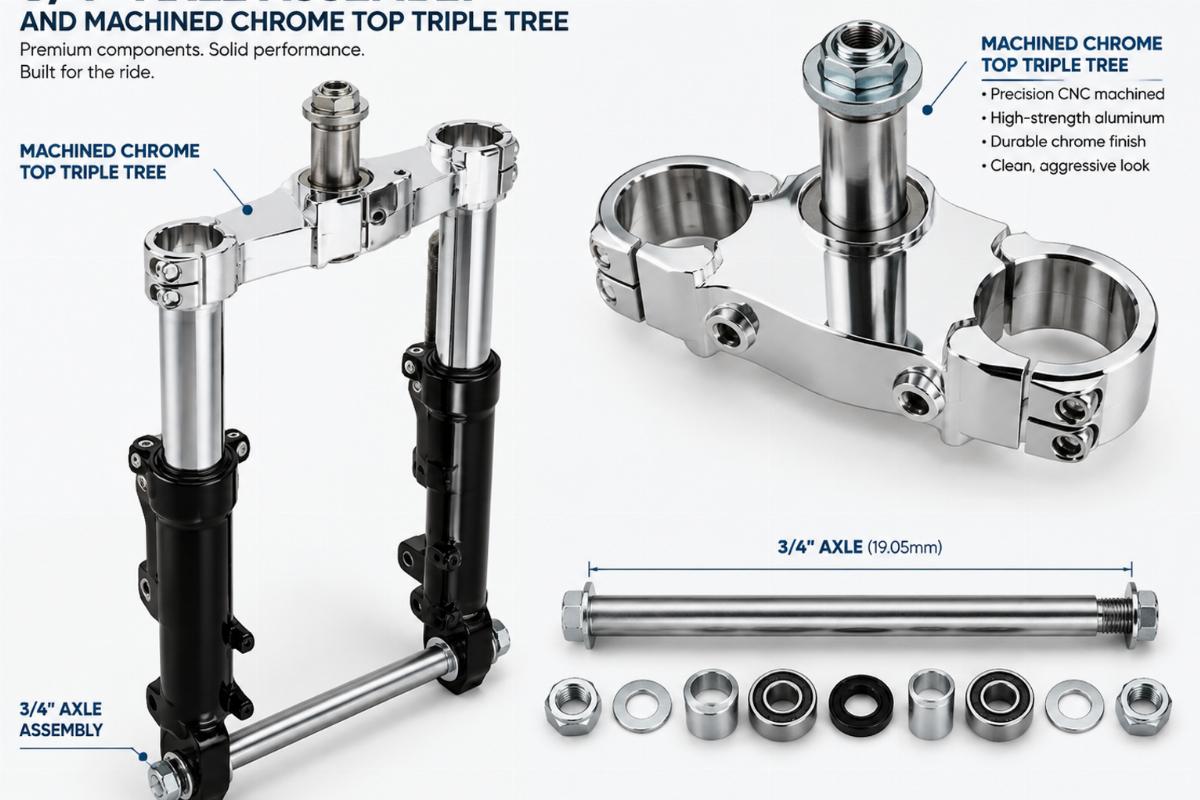 3/4 inch axle assembly and machined chrome top triple tree detail