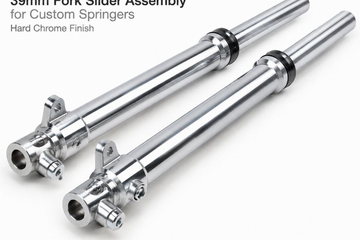 39mm fork slider assembly for custom springers showing hard chrome finish