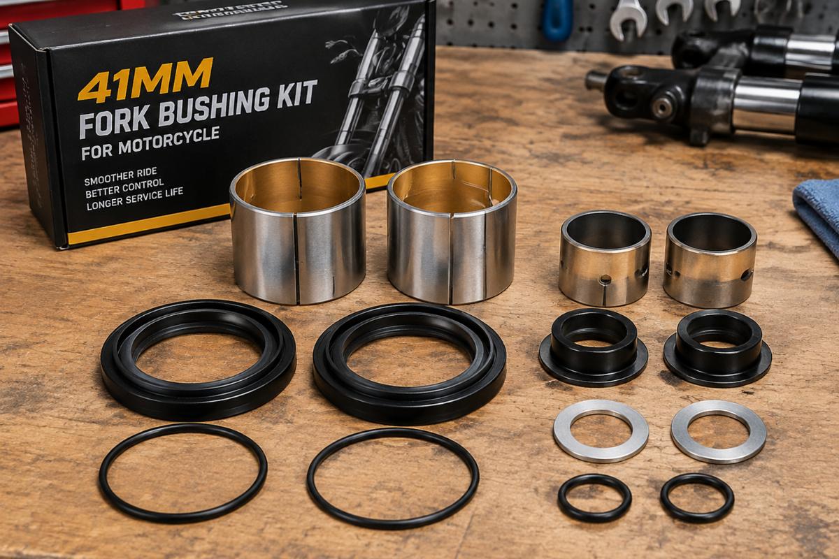 41mm fork bushing kit motorcycle aftermarket set laid out on a workbench