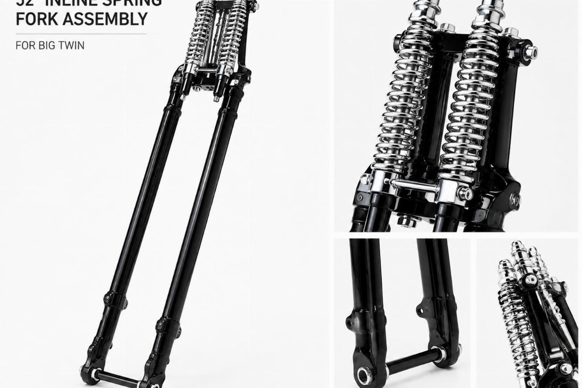 52 inch inline spring fork assembly for big twin showing chrome springs and black legs