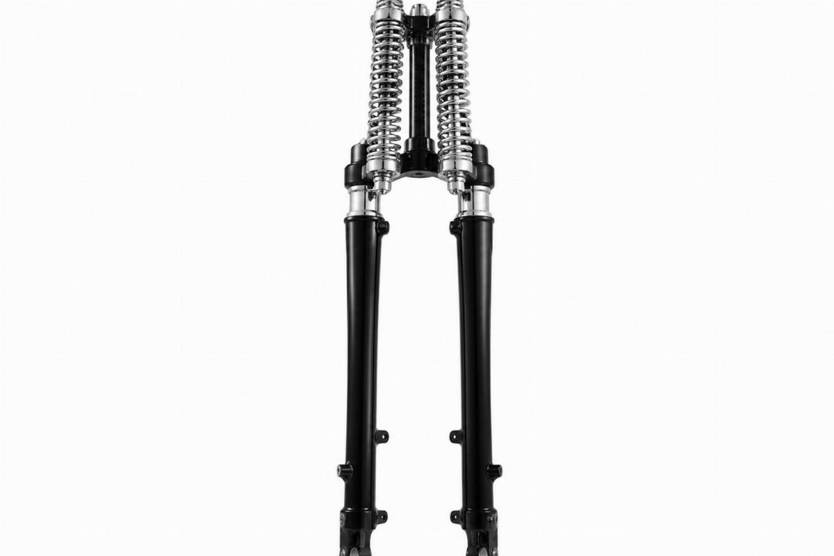52" inline spring fork assembly for big twin models showing chrome springs and black legs