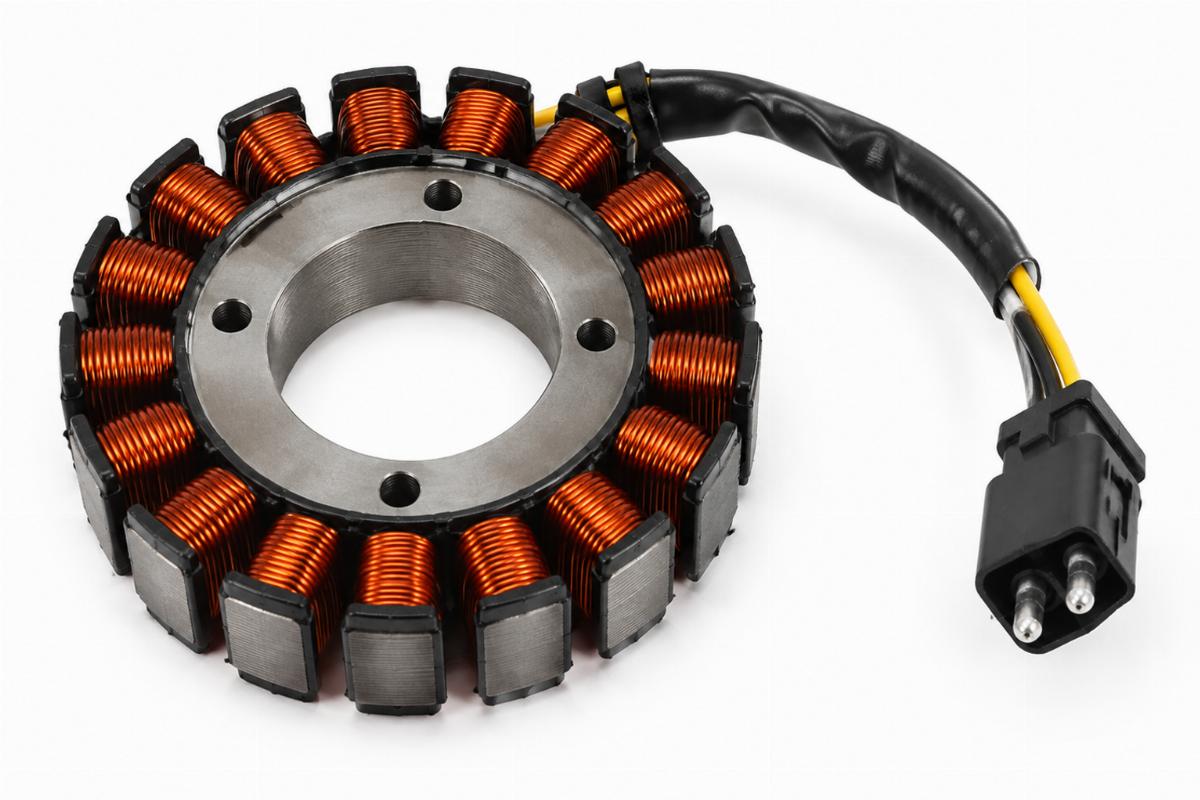 Aftermarket alternator stator for big twin showing 2-pin male plug connector