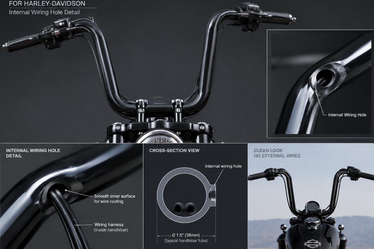 ape hanger handlebar for harley-davidson internal wiring hole detail