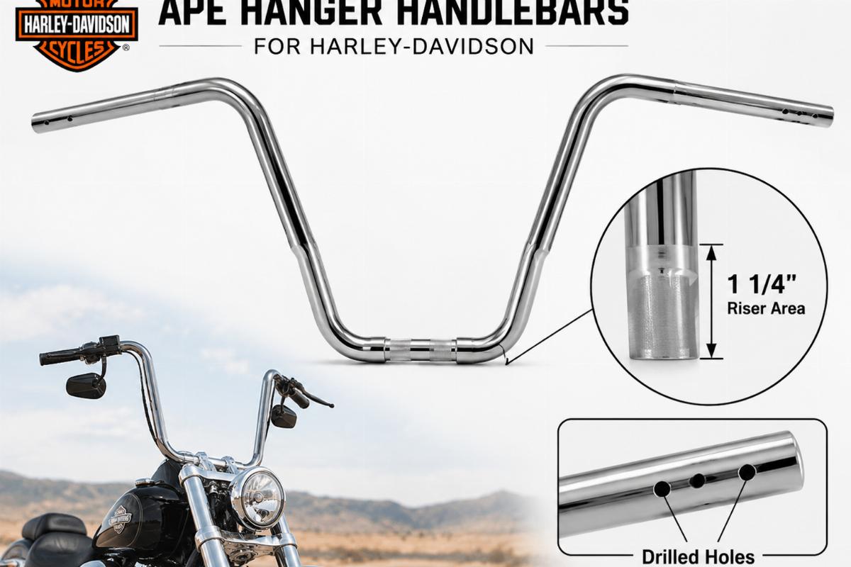 Ape hanger handlebars for Harley-Davidson showing 1 1/4 inch riser area and drilled holes