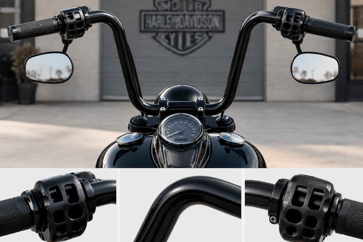 Ape hanger handlebars for harley-davidson showing black finish and dimpled switch housing cutouts