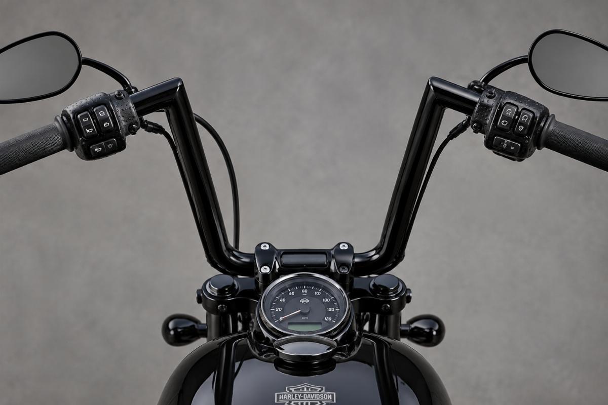 Ape hanger handlebars for harley-davidson showing black finish and dimpled switch housing area