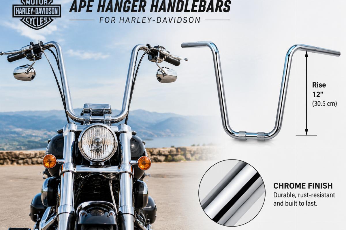 Ape hanger handlebars for Harley-Davidson showing chrome finish and rise profile