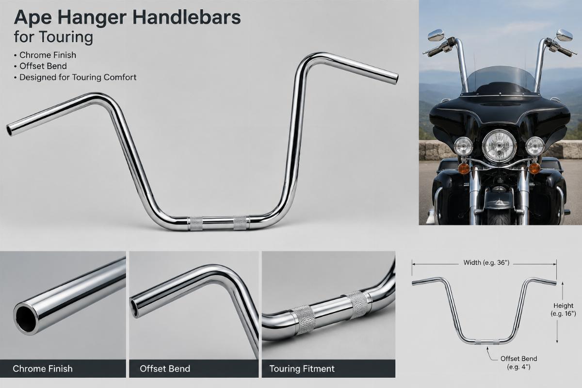 Ape hanger handlebars for touring showing chrome finish and offset bend