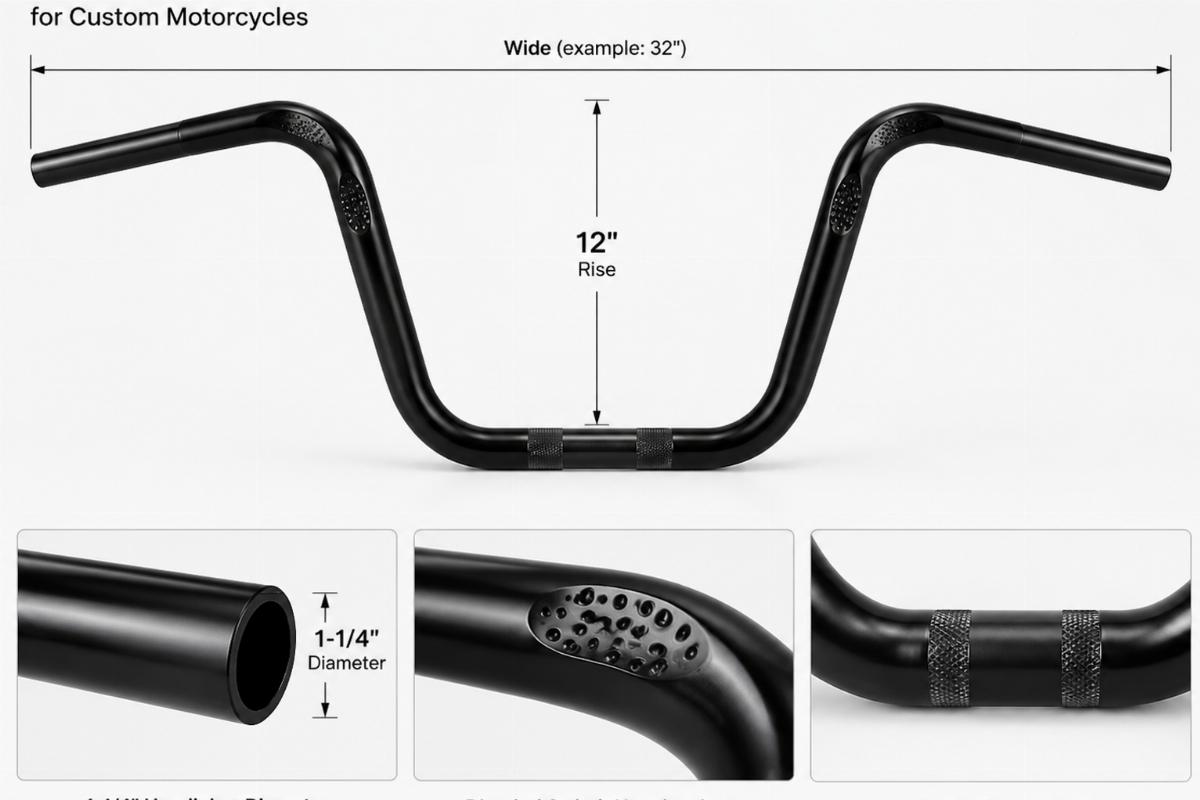 Black 1-1/4" handlebars for custom motorcycles showing 12 inch rise and dimpled switch housing area