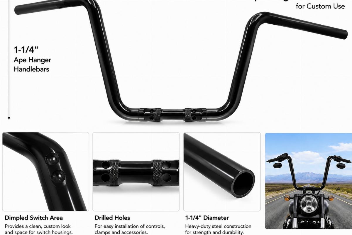 Black 1-1/4 inch ape hanger handlebars for custom use showing dimpled switch area and drilled holes