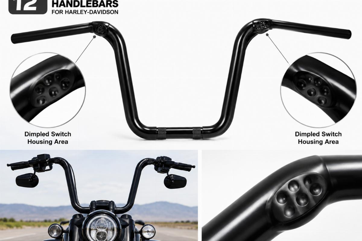 Black 12 inch ape hanger handlebars for harley-davidson showing dimpled switch housing area