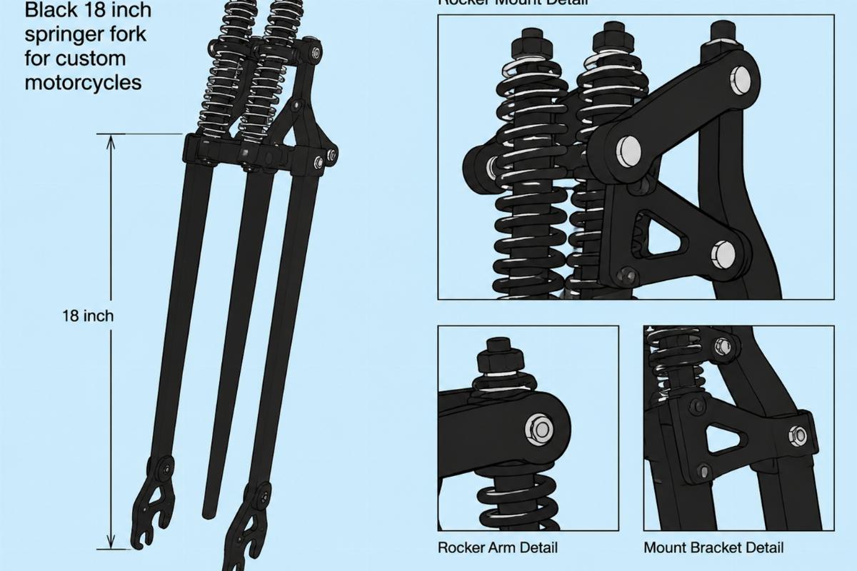 Black 18 inch springer fork for custom motorcycles showing rocker mount detail