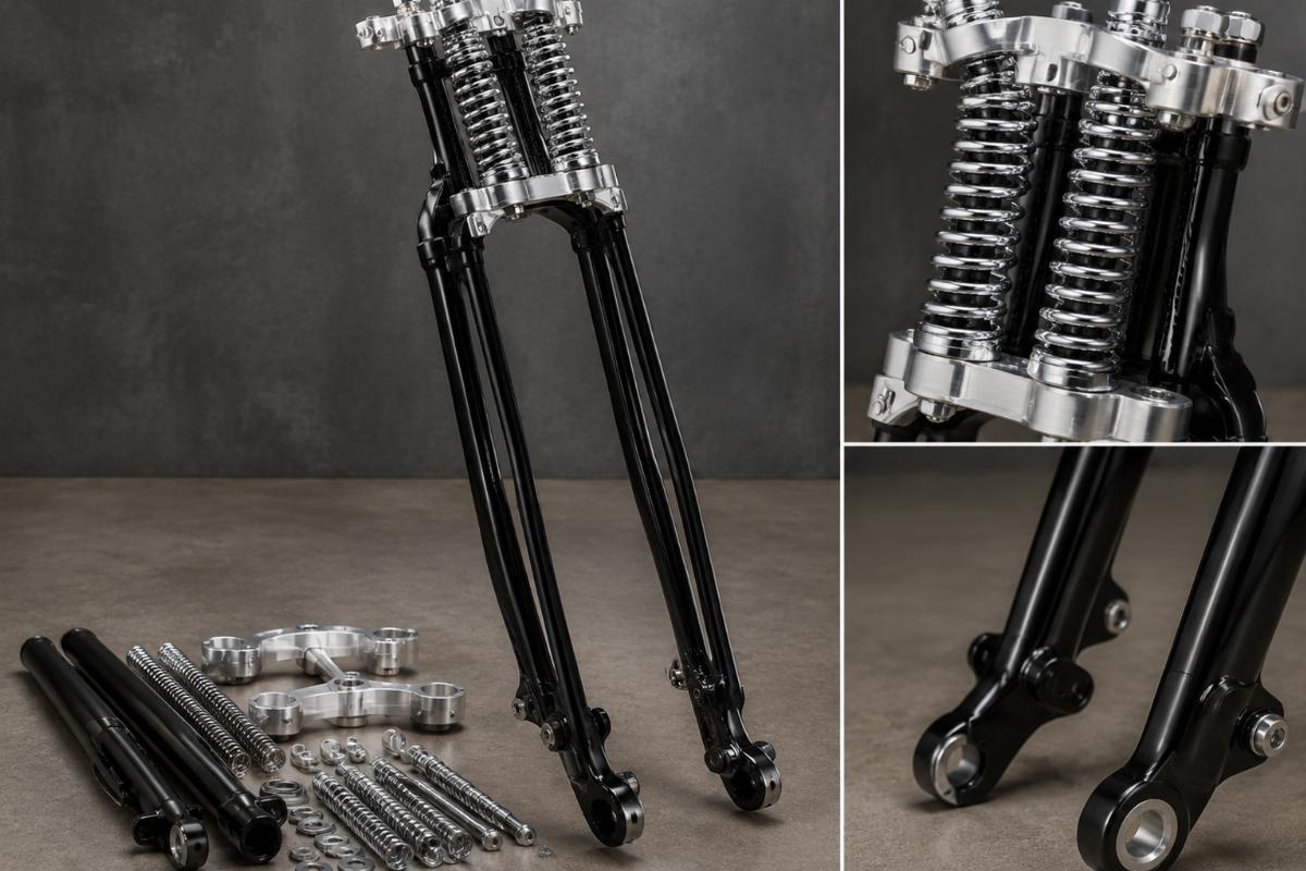 Black 18 inch springer fork kit for custom v-twin showing chrome springs and machined triple tree