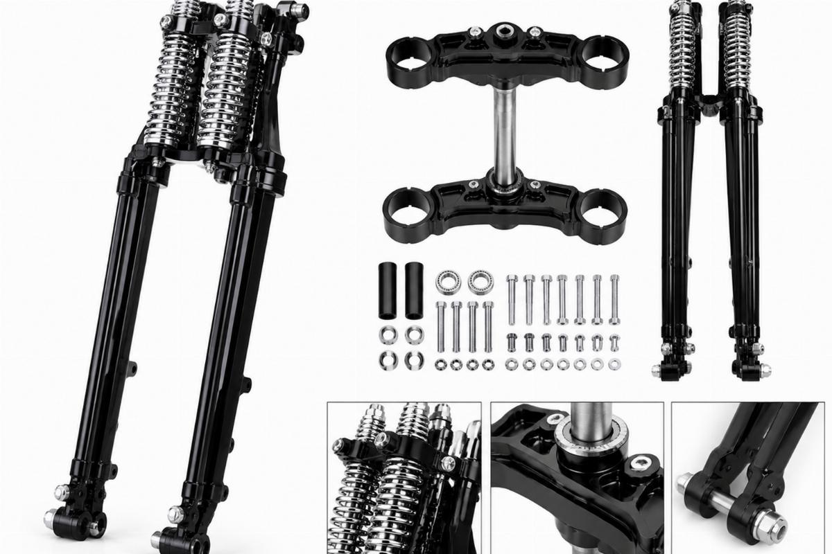 Black 18 inch springer fork kit with chrome springs and machined triple tree