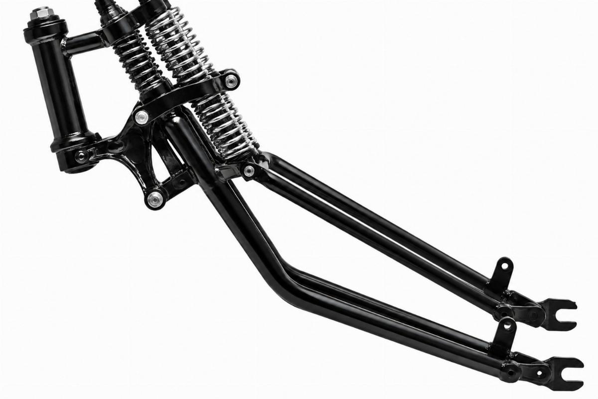 Black 18" offset custom springer fork assembly for rigid frames side view