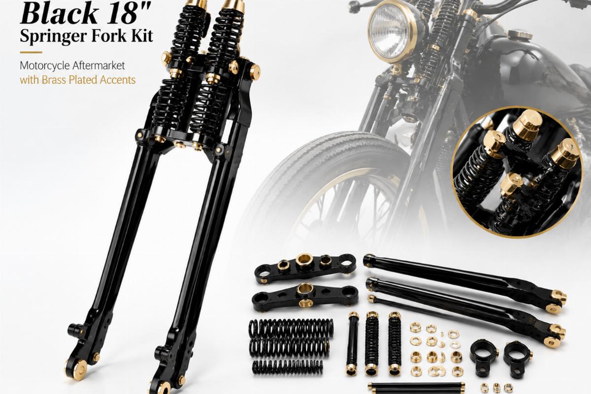 Black 18" springer fork kit motorcycle aftermarket with brass plated accents