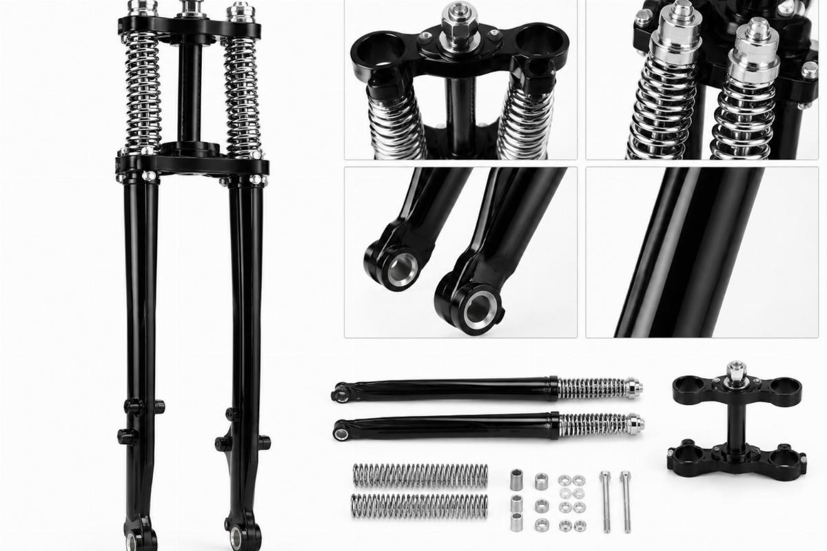Black 20 inch inline spring fork kit with chrome springs and triple tree