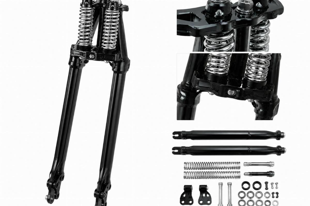 Black 20" inline spring fork kit showing chrome springs and machined triple tree