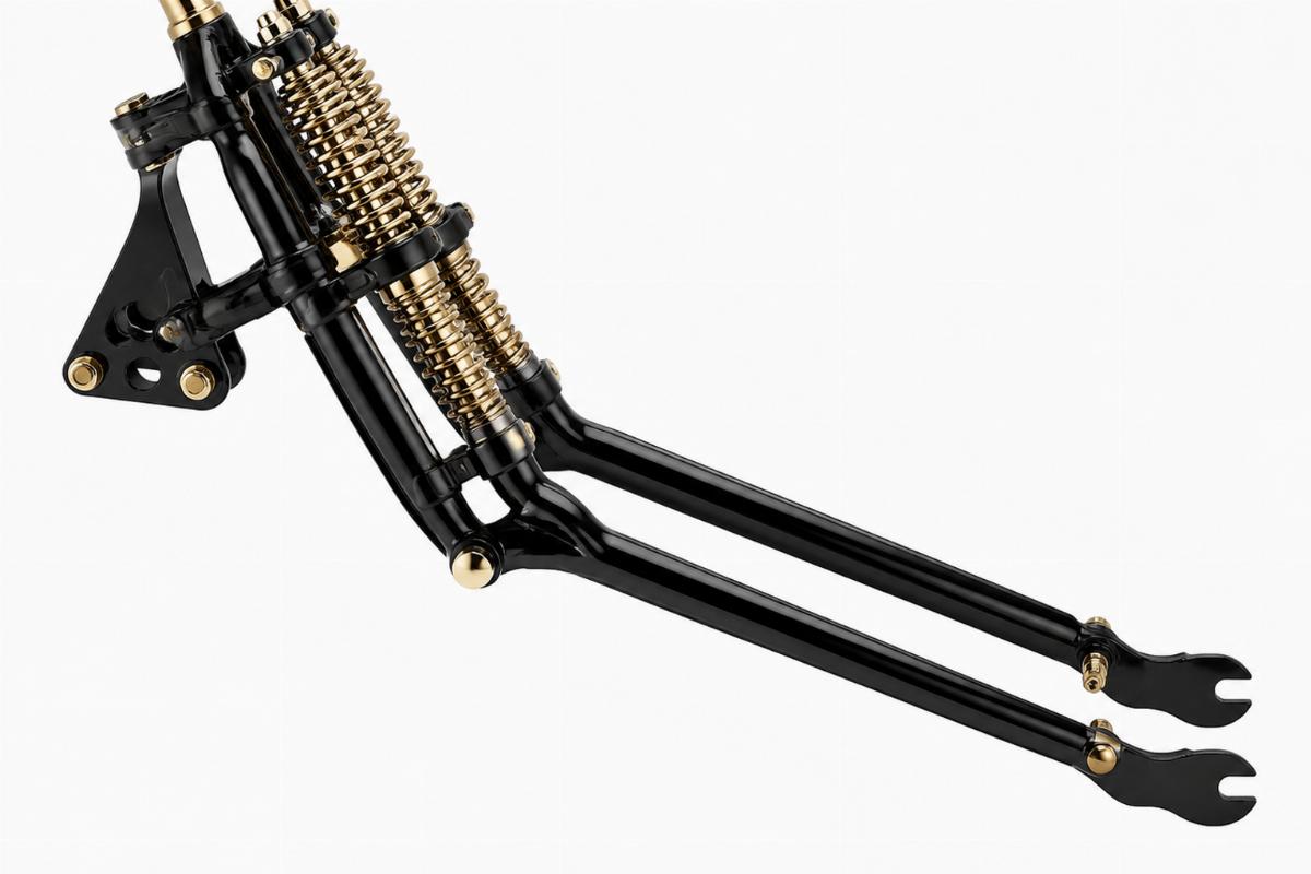 Black 20" springer fork kit with brass plated accents side view