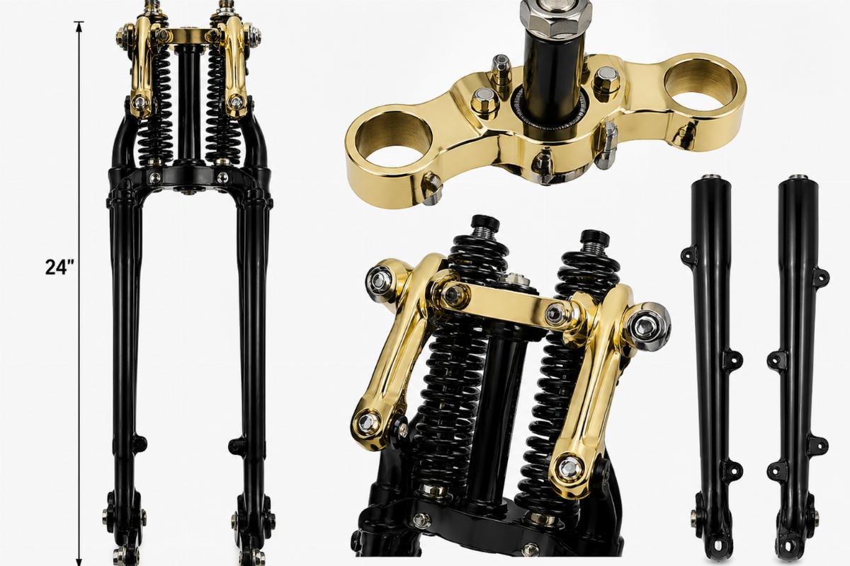 Black 24" custom spring fork kit showing brass plated rockers and top tree