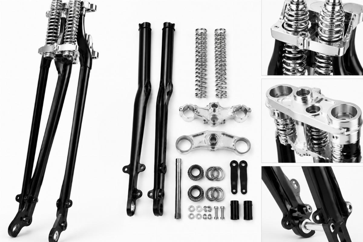 Black 24 inch offset springer fork kit showing chrome springs and machined triple tree