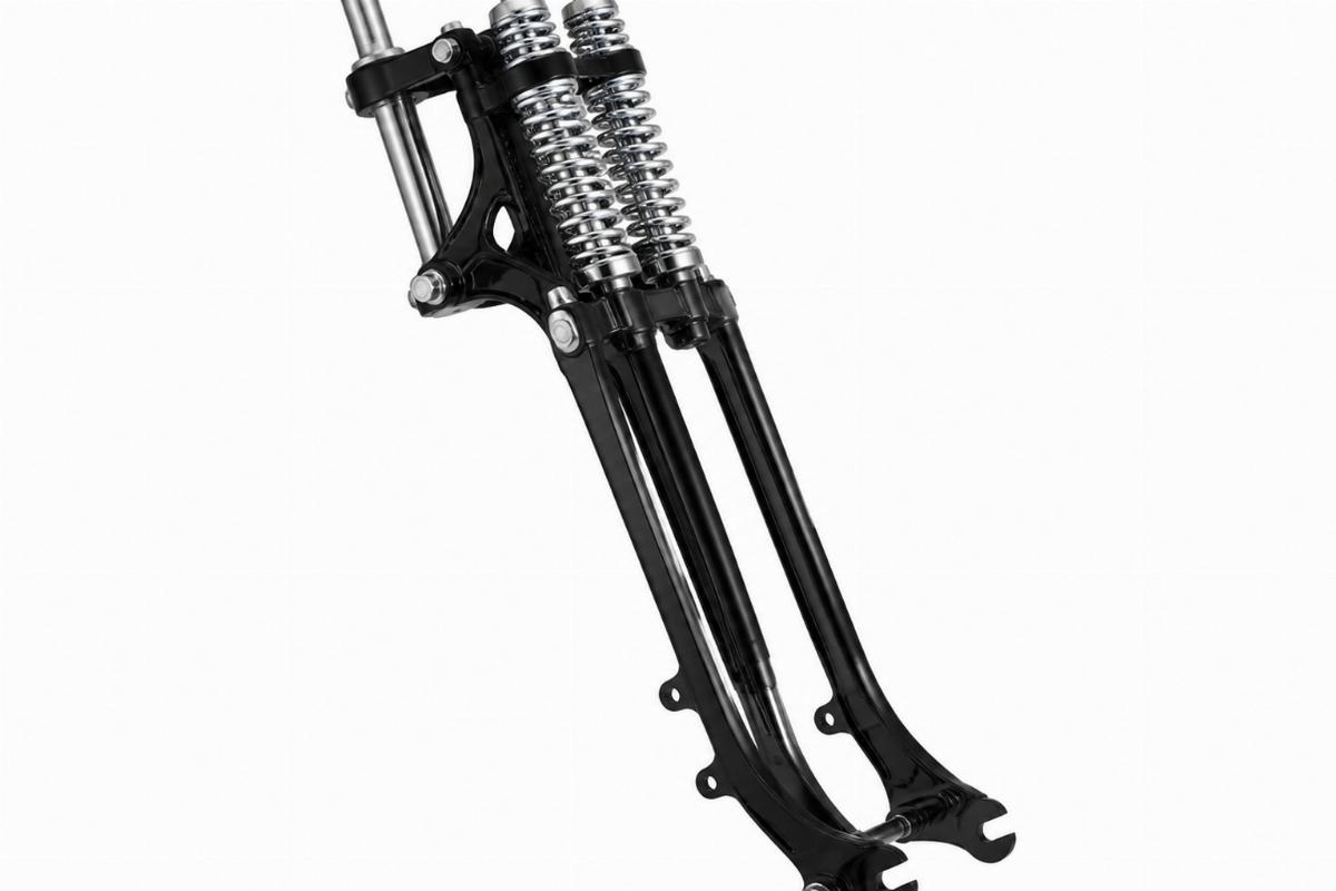 Black and chrome inline spring fork assembly for custom springer front end side view