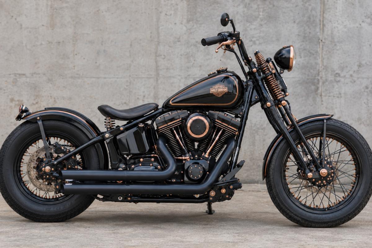 Black and copper custom springer fork kit for FXSTS Springer Softail side profile