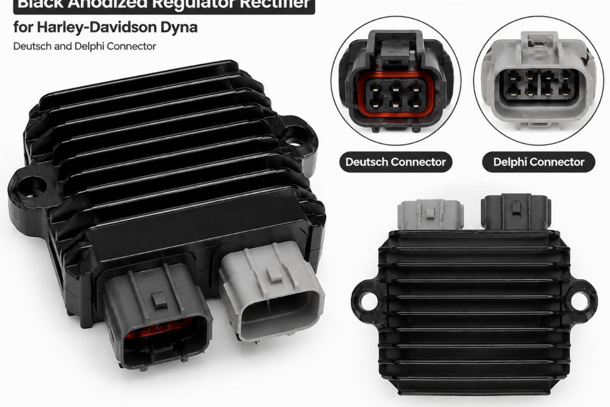 Black anodized regulator rectifier for harley-davidson dyna showing Deutsch and Delphi connector detail