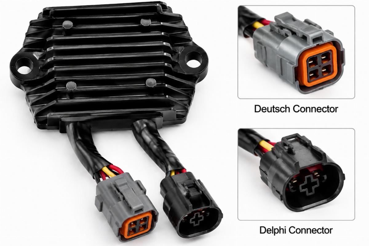 Black anodized regulator rectifier for harley-davidson showing Deutsch and Delphi connectors