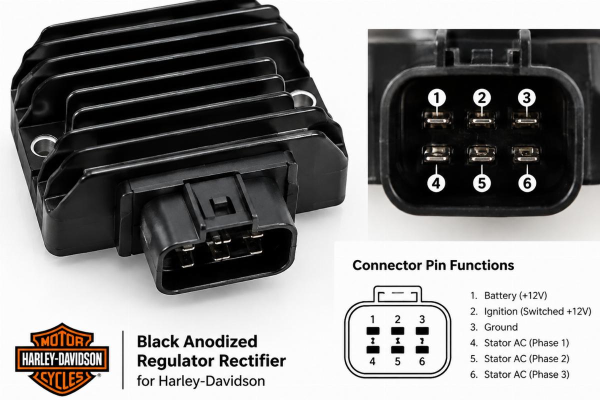 Black anodized regulator rectifier for Harley-Davidson showing connector pins