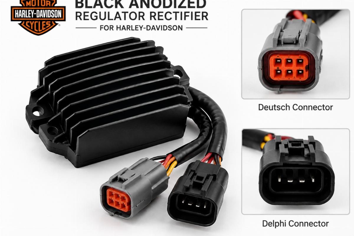 Black anodized regulator rectifier for harley-davidson showing Deutsch and Delphi connectors