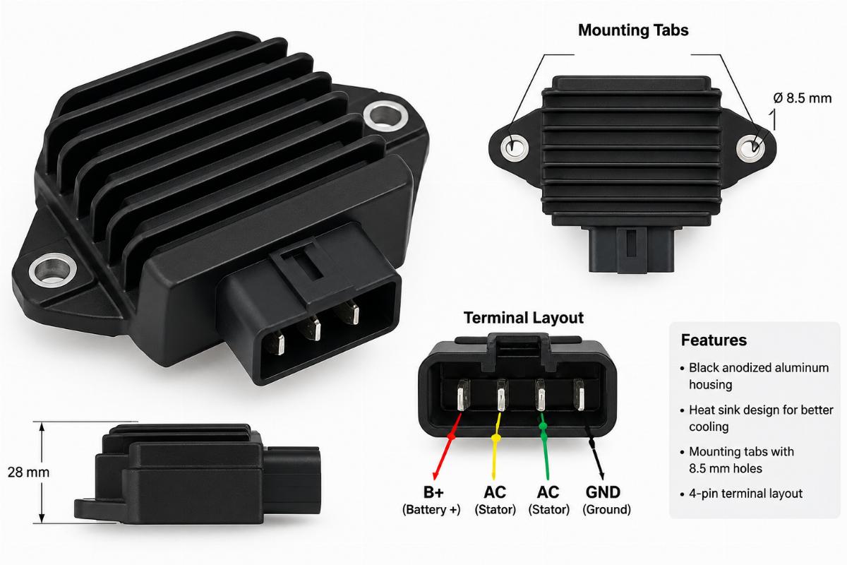 Black anodized regulator rectifier showing mounting tabs and terminal layout