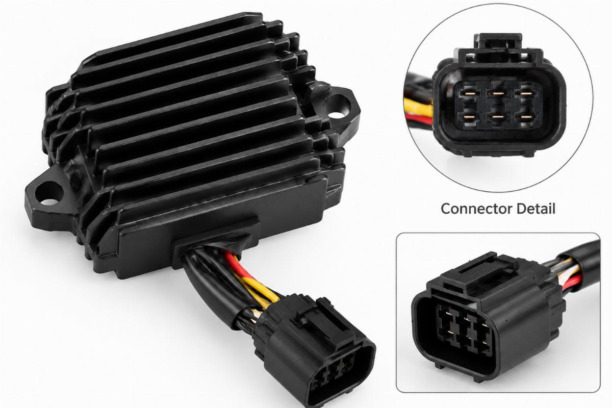 Black anodized voltage regulator for harley-davidson sportster showing connector detail