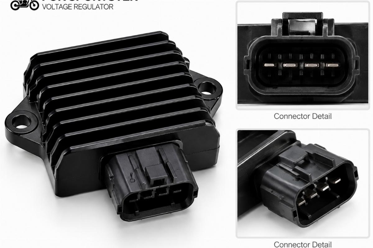 Black anodized voltage regulator for sportster showing connector detail