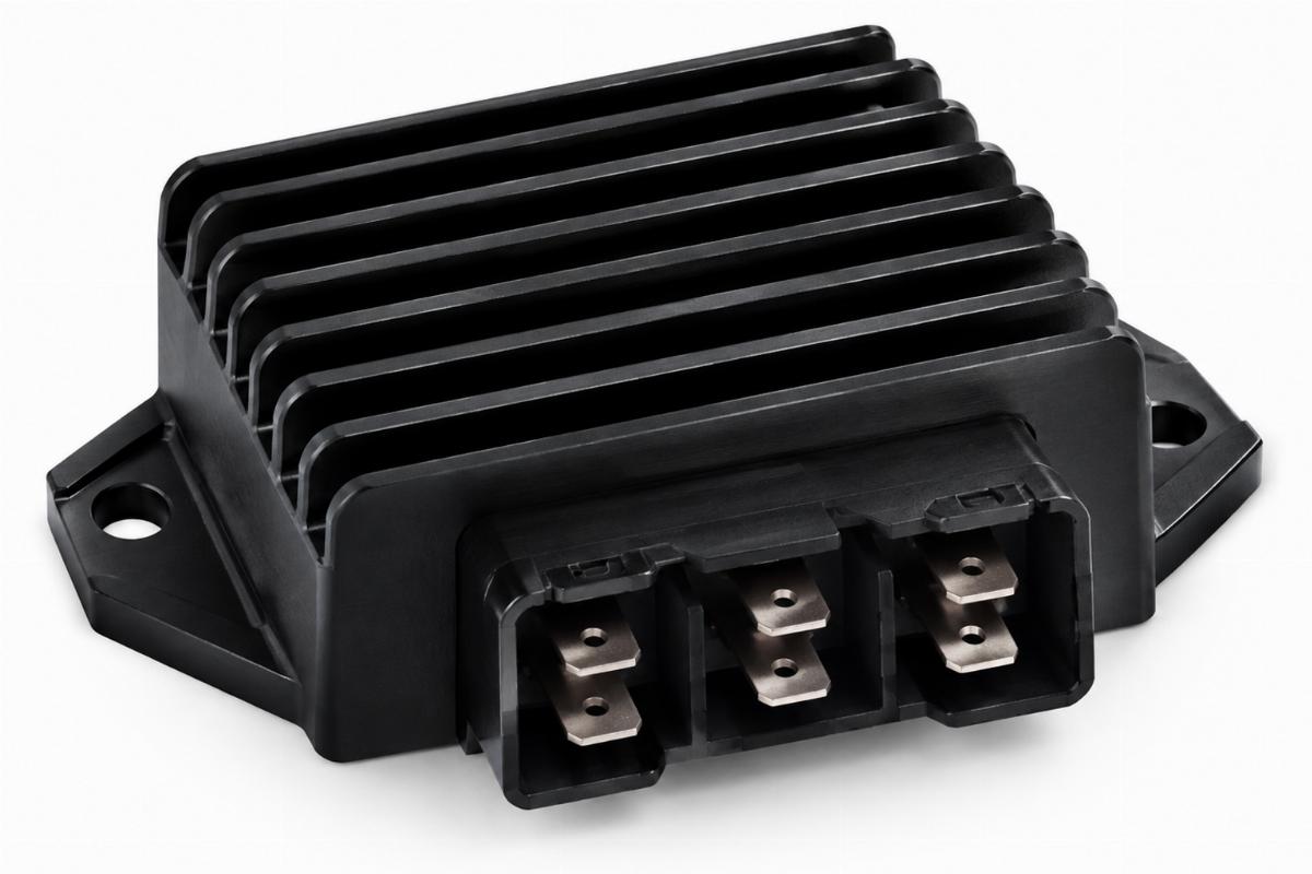 Black anodized voltage regulator rectifier for harley-davidson big twin showing connector terminals