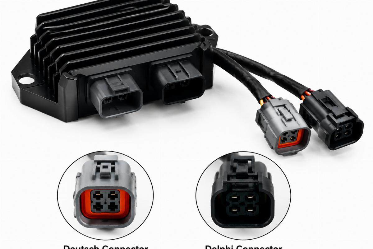 Black anodized voltage regulator rectifier for Sportster showing Deutsch and Delphi connectors