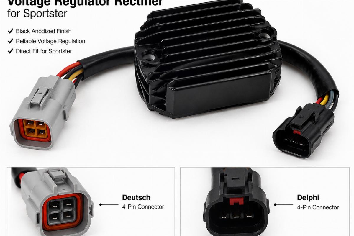 Black anodized voltage regulator rectifier for sportster showing Deutsch and Delphi connector