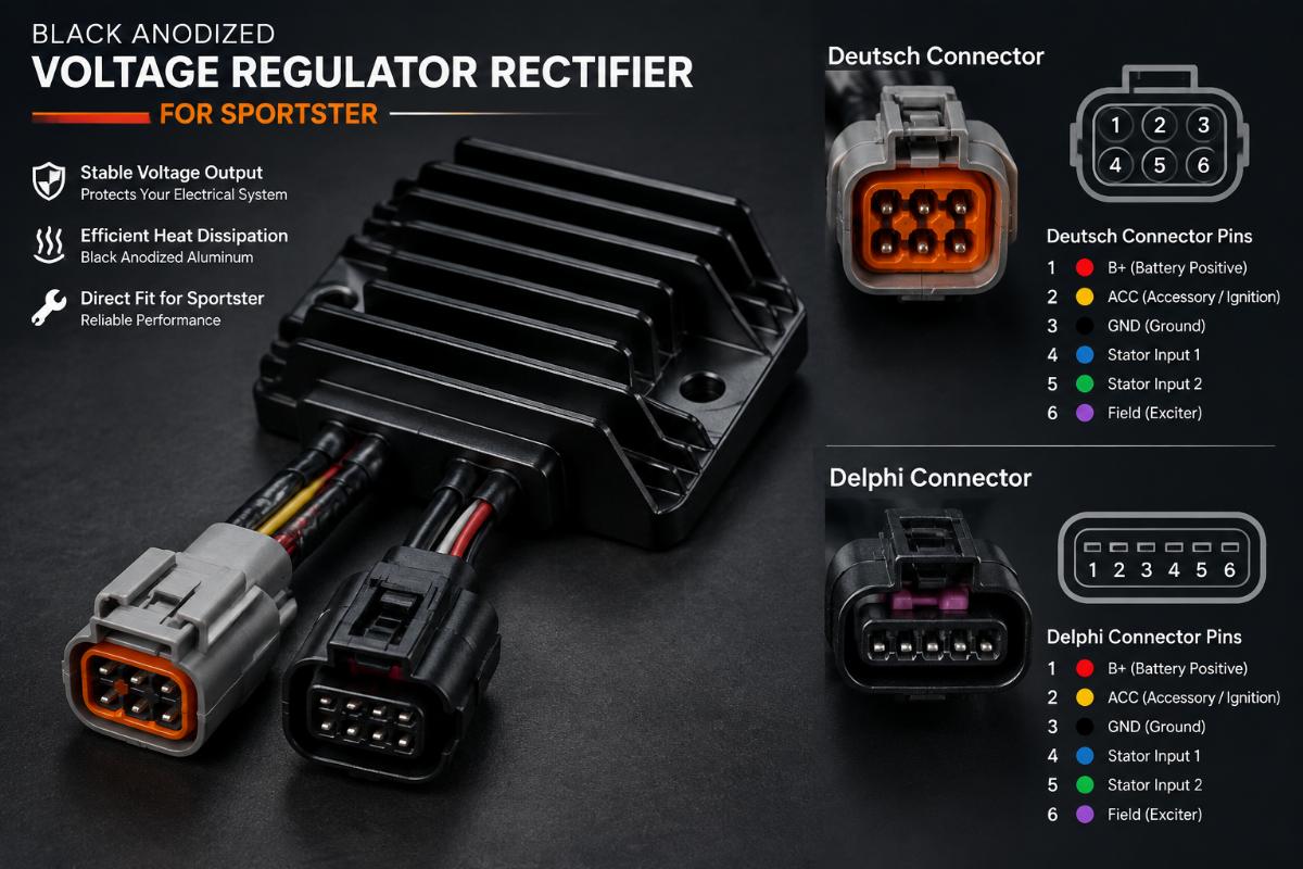 Black anodized voltage regulator rectifier for sportster showing Deutsch and Delphi connector pins