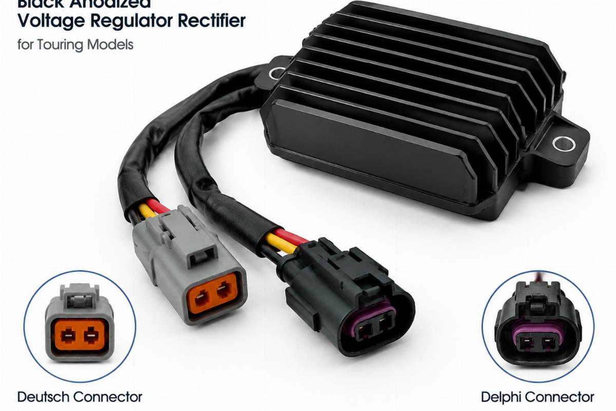 Black anodized voltage regulator rectifier for touring models showing Deutsch and Delphi connectors