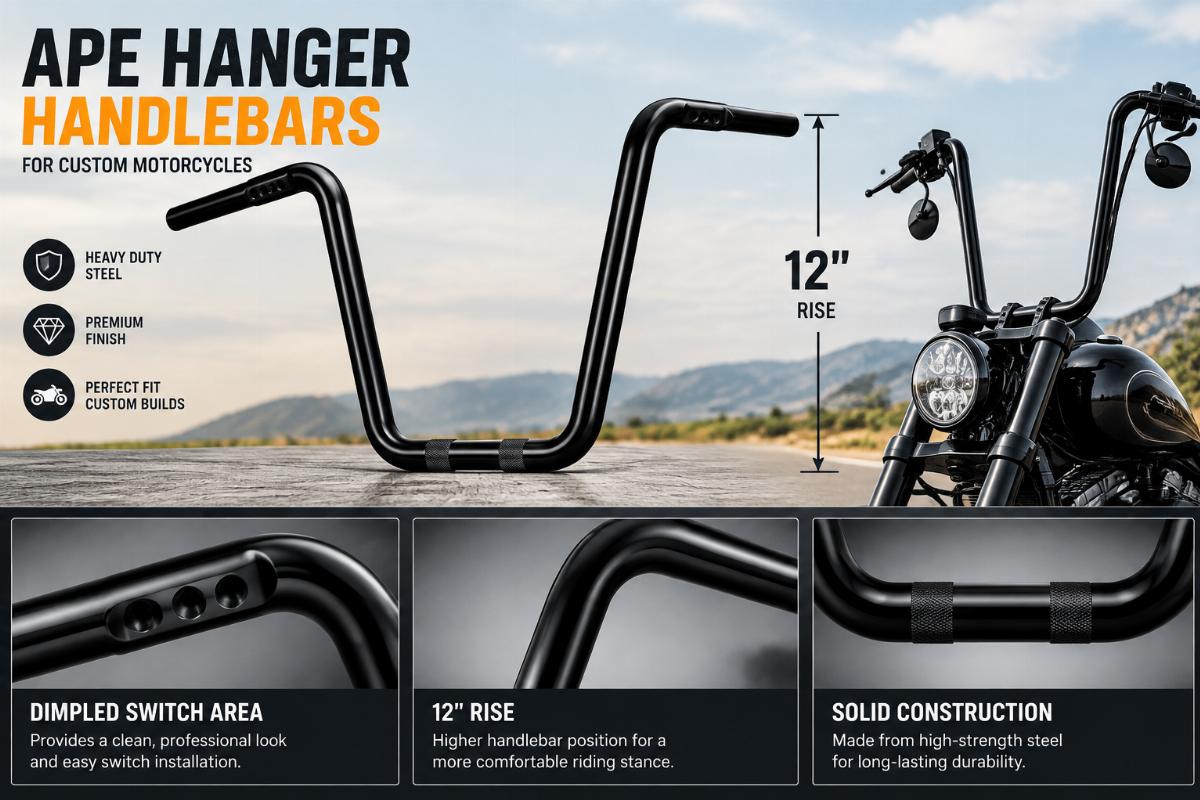 Black ape hanger handlebars for custom motorcycles showing 12 inch rise and dimpled switch area