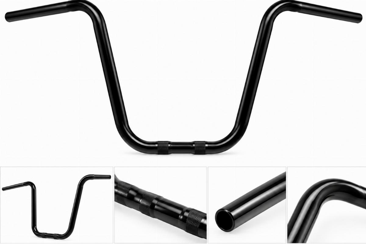 Black big ape handlebars for custom use showing overall profile and finish