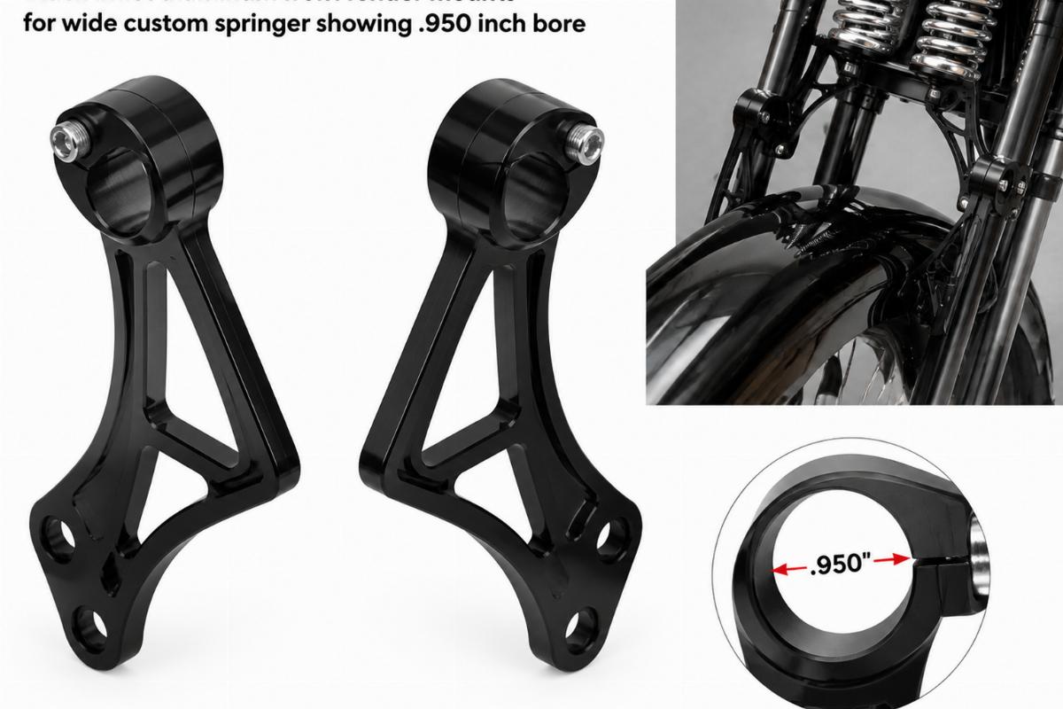 Black billet aluminum front fender mounts for wide custom springer showing .950 inch bore