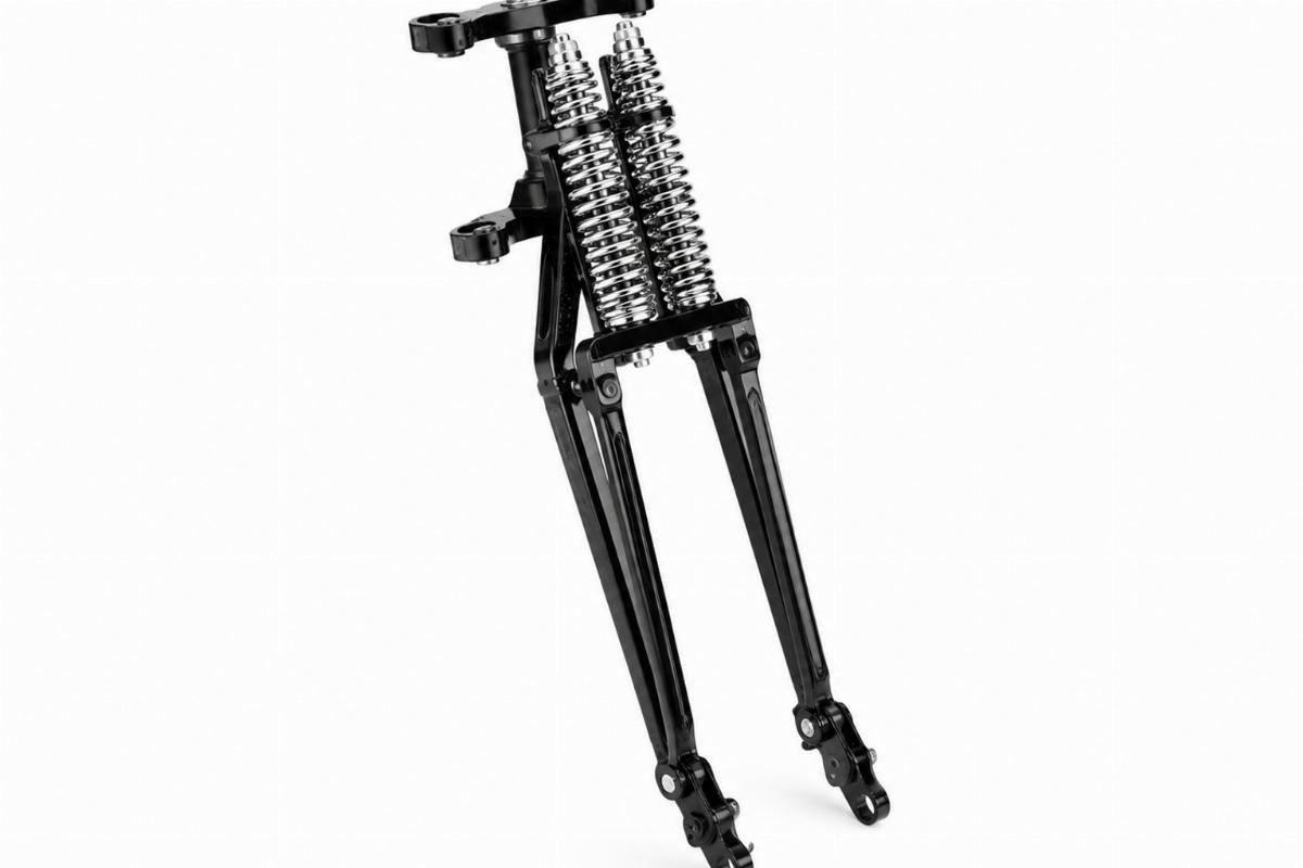 Black custom narrow springer fork assembly showing inline triple tree and chrome springs