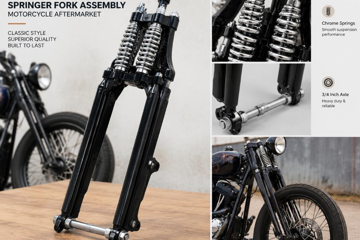 Black custom springer fork assembly motorcycle aftermarket with chrome springs and 3/4 inch axle