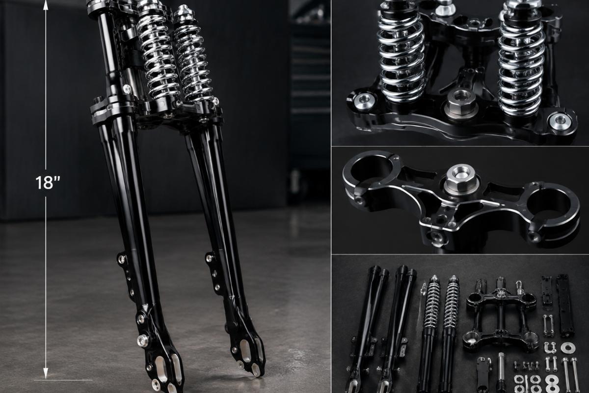 Black custom springer fork kit 18 inch showing chrome springs and machined triple tree