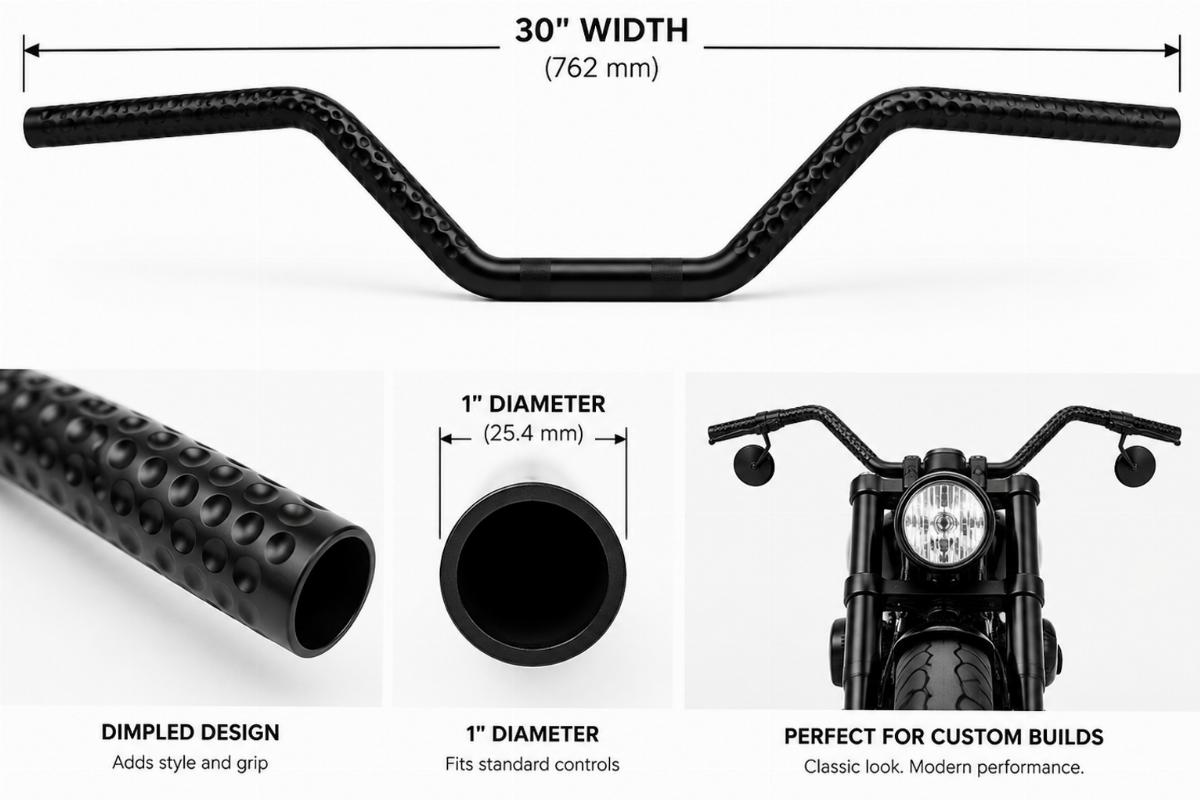 Black dimpled drag handlebars showing 30 inch width and 1 inch diameter for custom motorcycle builds