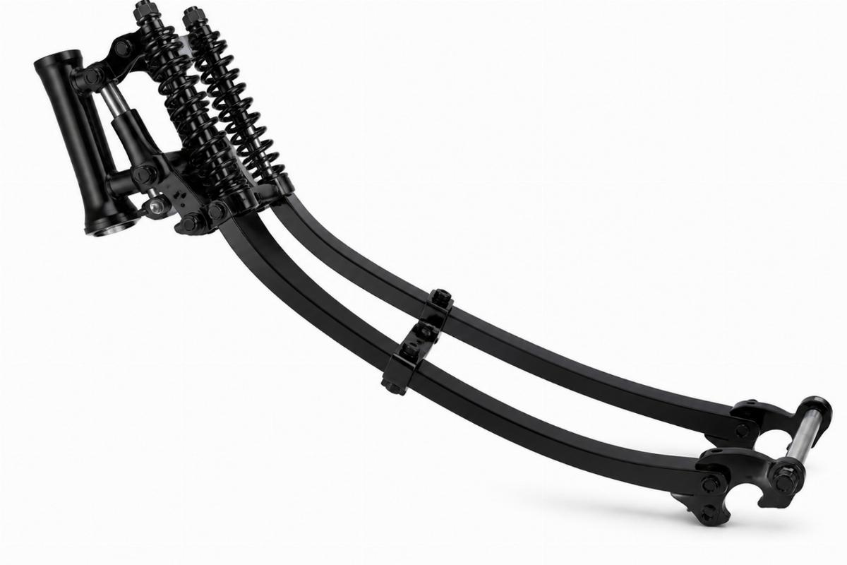 Black finish leaf spring fork assembly for custom chopper builds side view