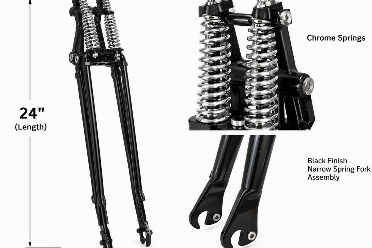 Black finish narrow spring fork assembly for custom springer showing 24 inch length and chrome springs